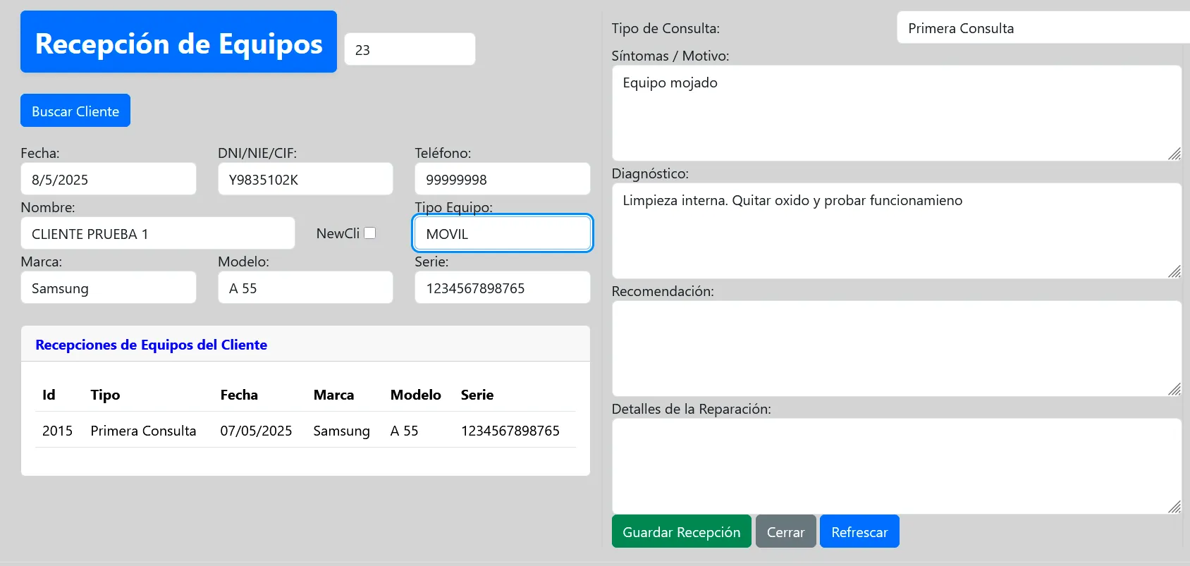 Software para recepción técnica de equipos