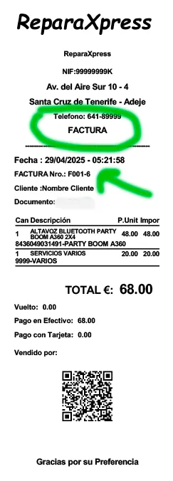 Ejemplo de factura del sistema