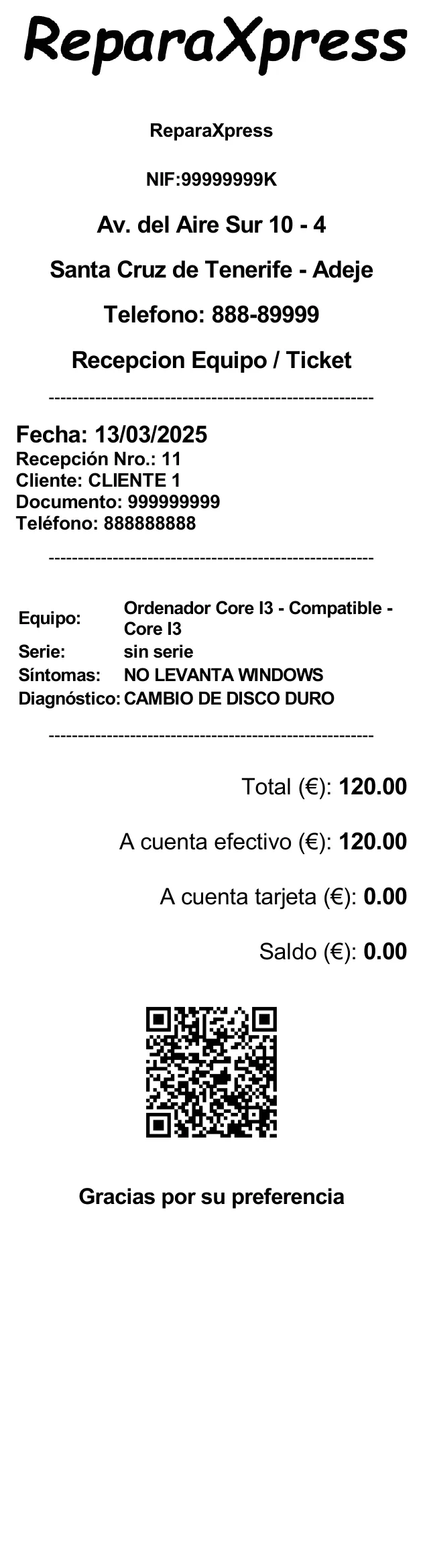 Ejemplo de ticket de recepción